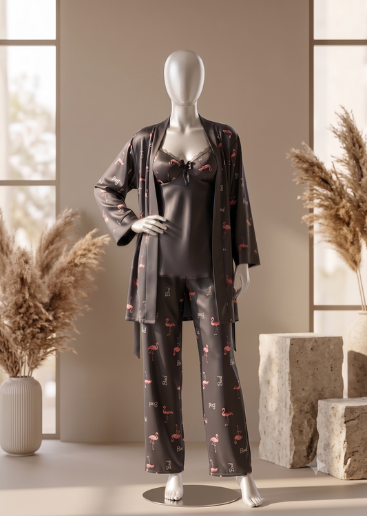 3 piece Flamingo Satin Lounge Set