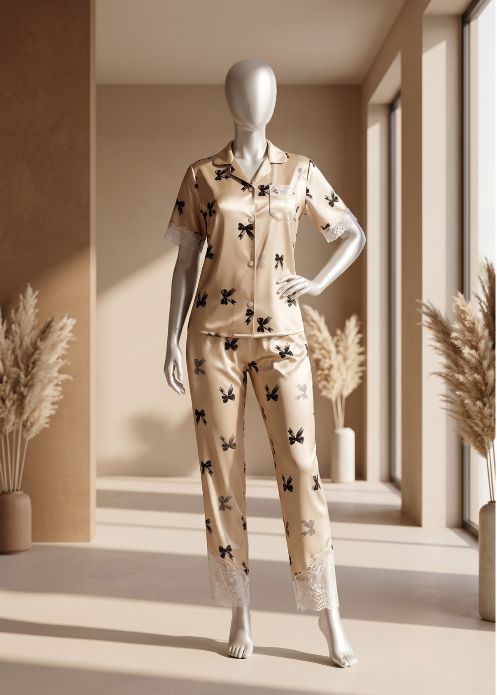 2 piece Champagne Butterfly Satin Pajama Set