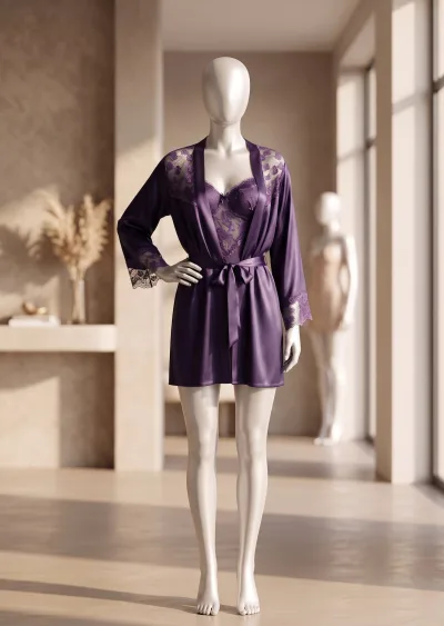 2 piece Royal Amethyst Satin Lace Robe Set